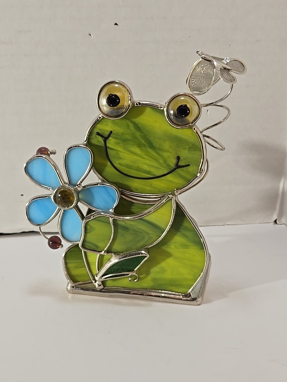 Stained Glass Frog Figurine with Blue Flower - Green